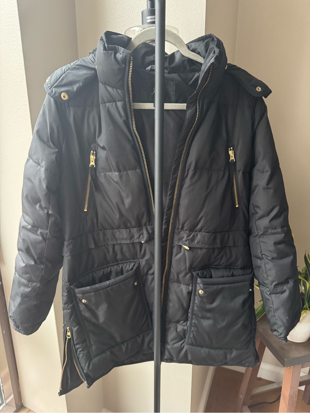 J. Crew Women’s Black Quilted Puffer Jacket with Hood